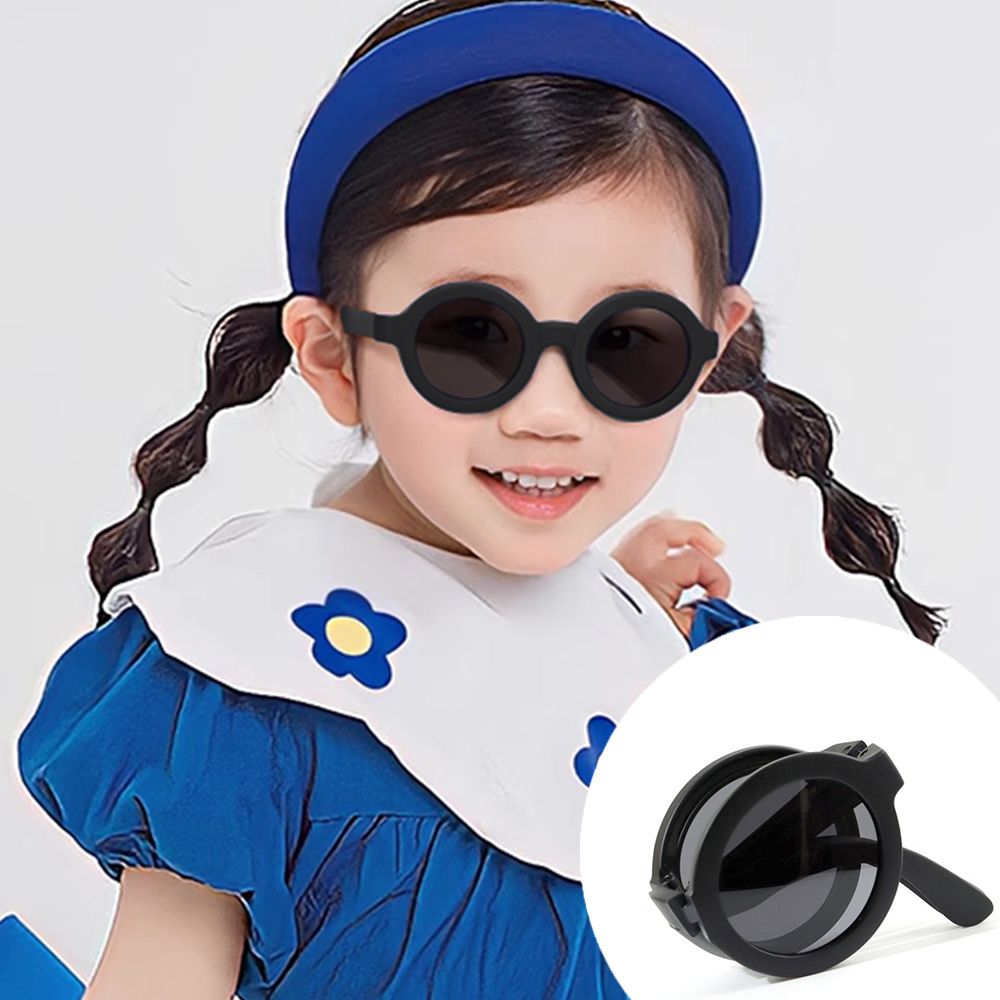ALEGANT - 輕巧時尚鬱金黑兒童專用輕量矽膠彈性折疊太陽眼鏡│UV400圓框摺疊偏光墨鏡