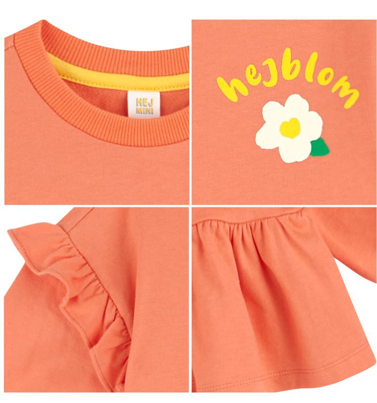 韓國 HEJMINI - 荷葉下擺小白花泡泡袖上衣-橘