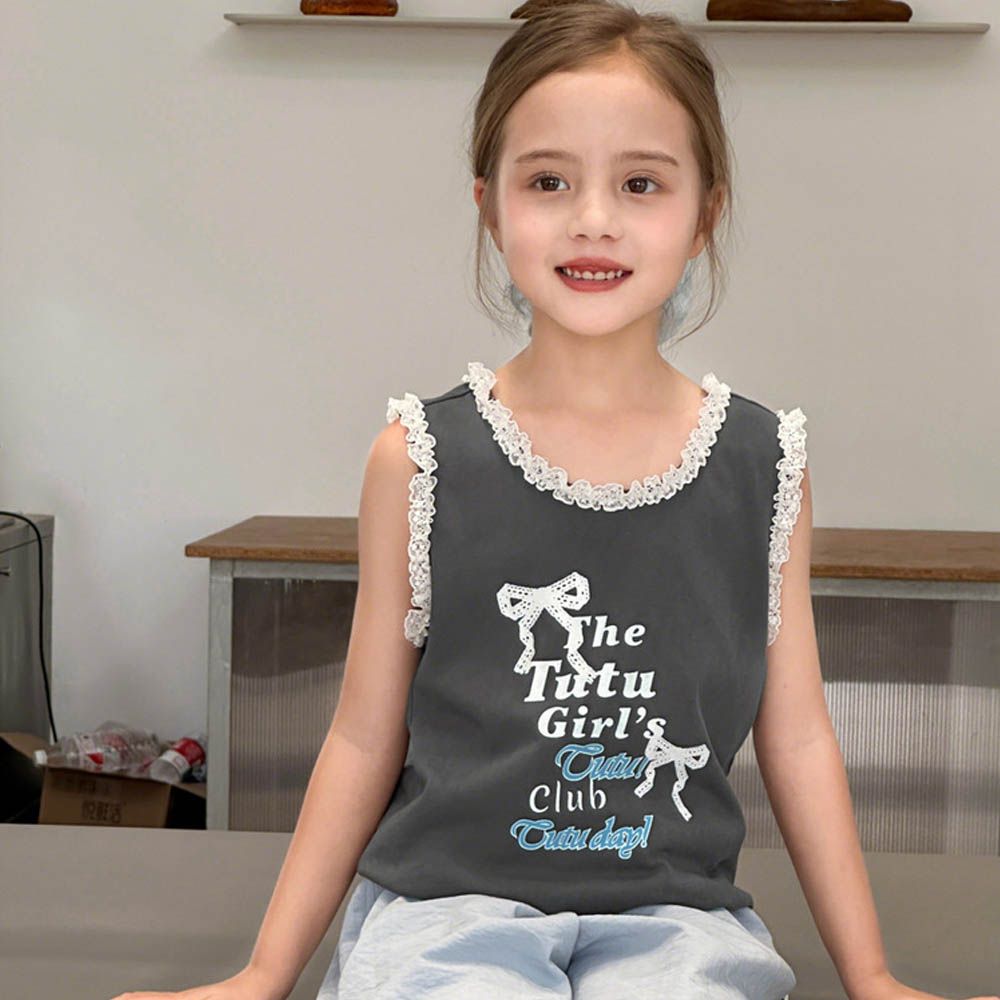 蕾絲花邊百搭彈性背心-蝴蝶結-深灰