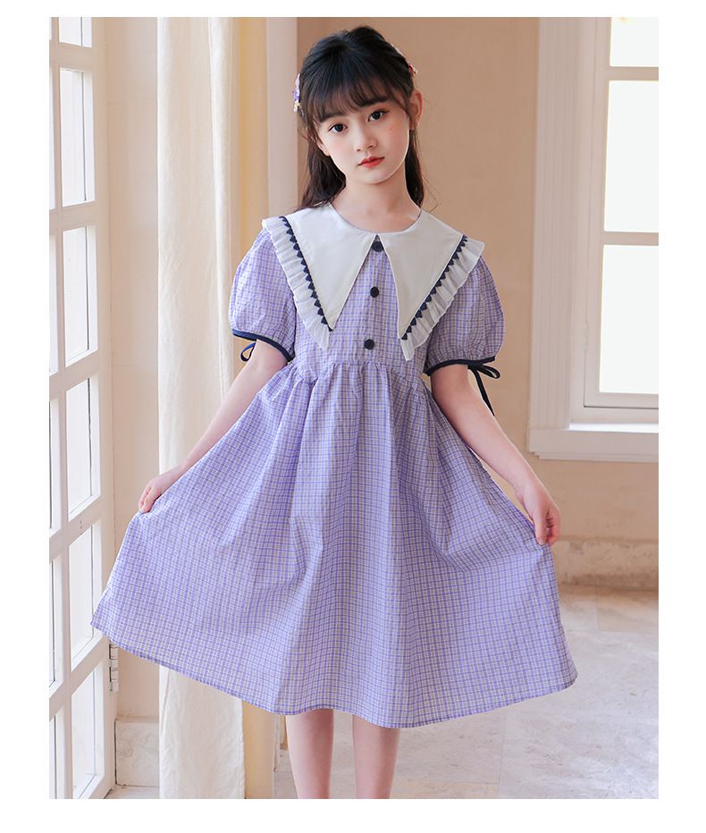 荷葉邊娃娃領泡泡袖洋裝-格紋款-淺紫色