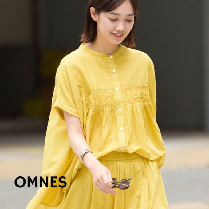 日本 OMNES - 100%印度棉 皺摺傘狀短袖襯衫-棕條紋