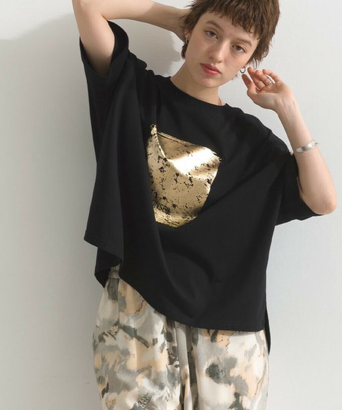 日本 le colis - 接觸冷感 金銀箔方塊印花T恤-橘