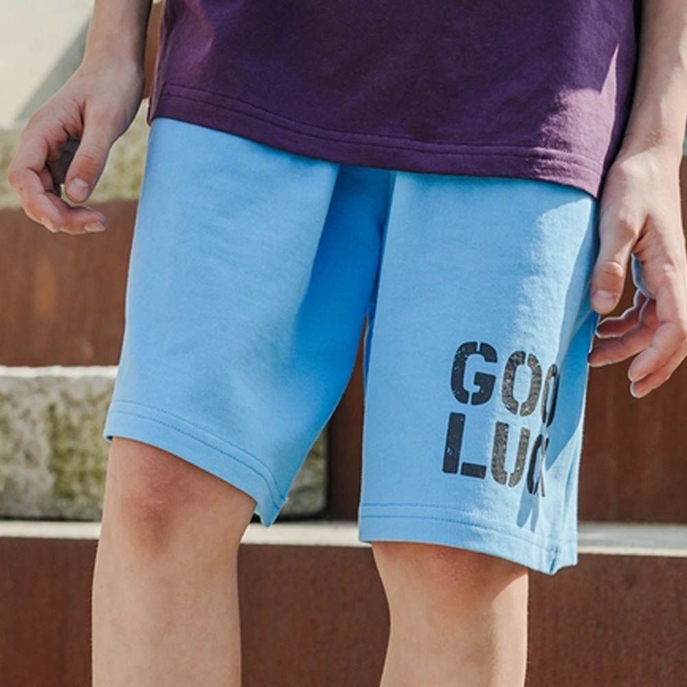 鬆緊腰GOOD LUCK過膝棉褲-水藍