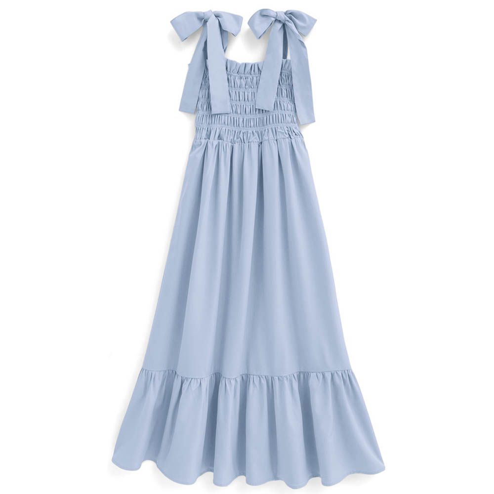 肩蝴蝶結甜美皺褶細肩帶洋裝-天空藍 (F)