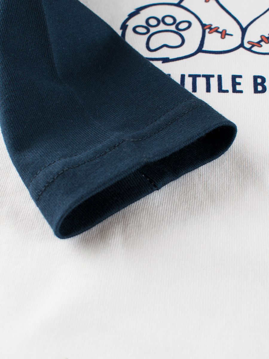 純棉圓領薄長袖上衣-可愛熊熊-米白+深藍