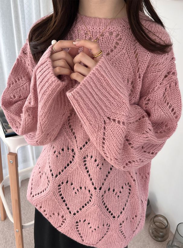 日本 GRL - 愛心鏤空針織上衣-粉紅 (F)