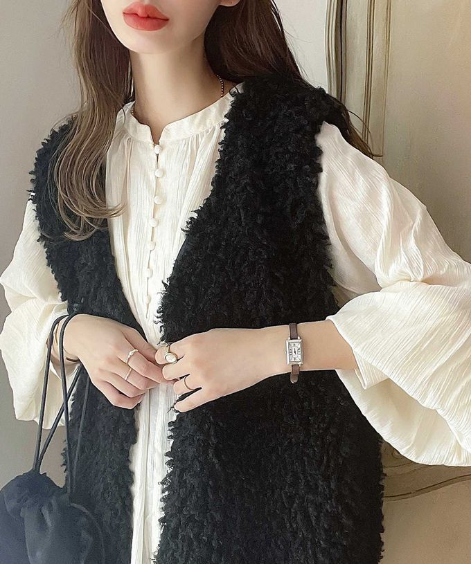 日本 Classical Elf - 優雅泰迪熊絨毛有口袋背心-摩卡