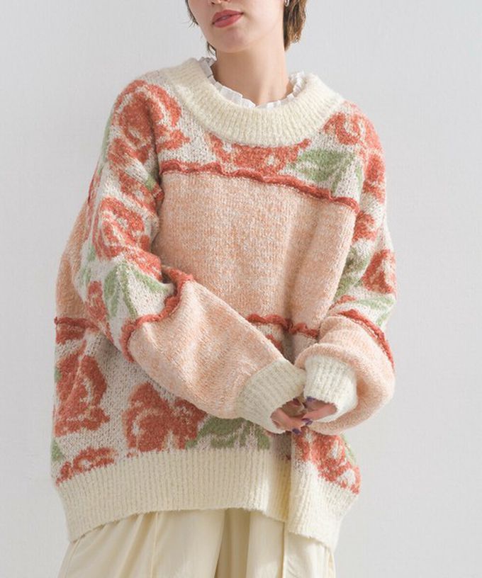 日本 Lupilien - 毛茸感華麗大花朵針織上衣-白x橘粉