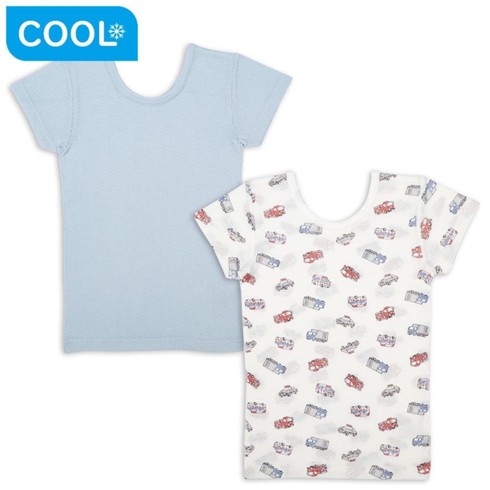 短袖圓領上衣2件組 網眼-前後皆可穿 車子-淺藍色