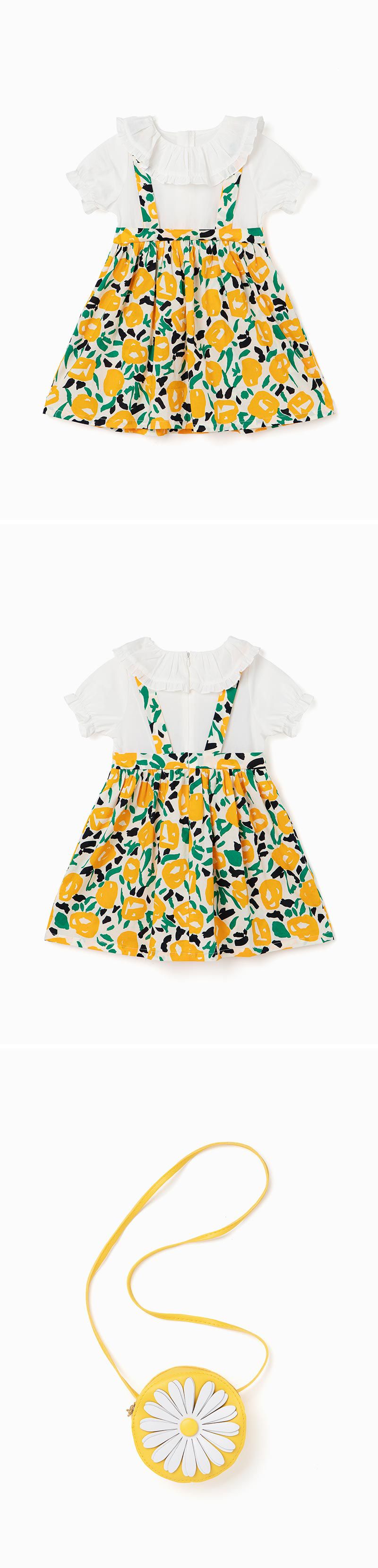 韓國 OZKIZ - (附包包)假兩件大黃花洋裝