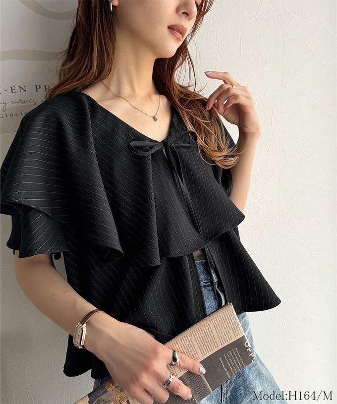 日本 Classical Elf - 前後2way優雅荷葉大翻領上衣-細條紋-咖啡