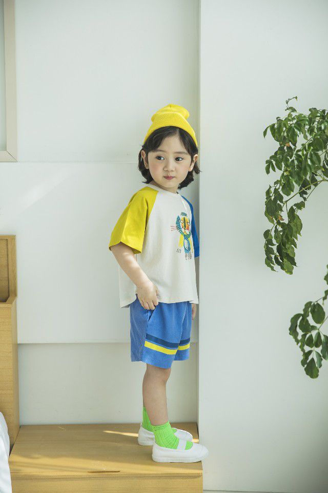 韓國 Mimico - 拼接色滑稽獅子T-藍