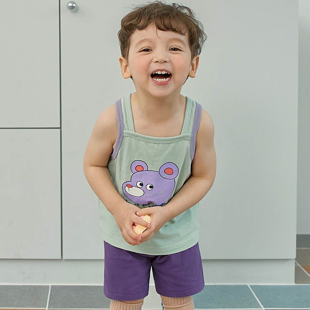 (防縮水加工)柔韌棉無袖家居服-復古印刷紫熊-淡綠X紫