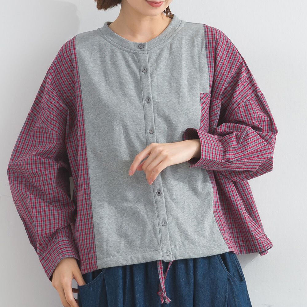 可愛格子拼接裏毛休閒襯衫-淺灰x紫