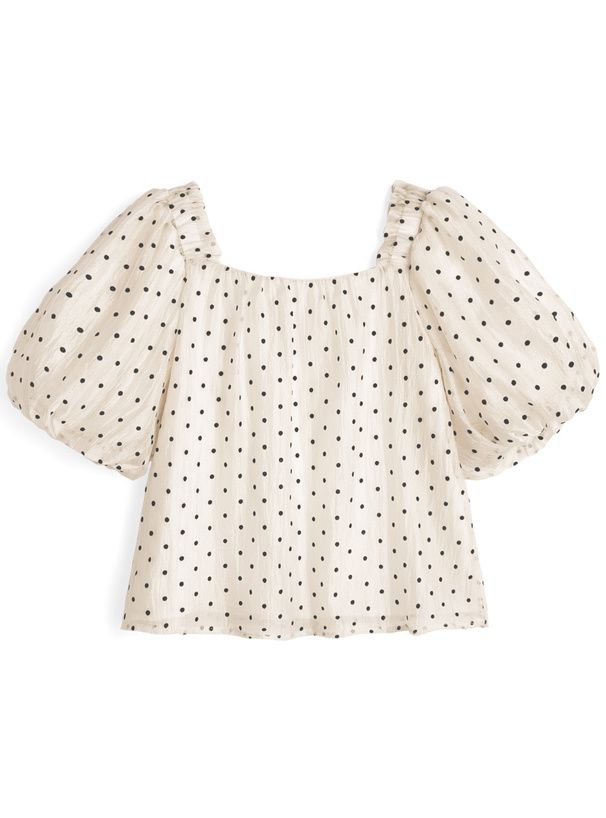 日本 GRL - 法式方領點點泡泡袖上衣-石墨灰 (M)