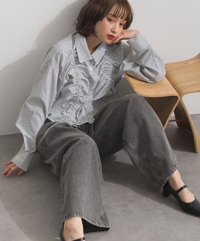 日本 ELENCARE DUE - 10oz 立體摺線後腰鬆緊牛仔褲-刷色藍