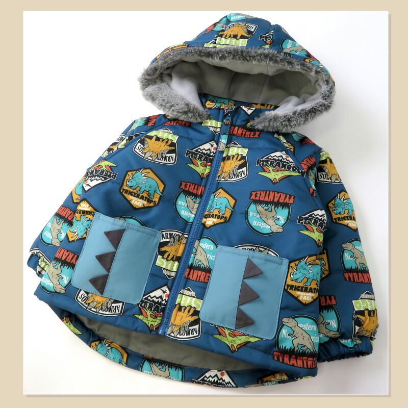 日本 ZOOLAND - 防寒防潑水鋪棉保暖外套-恐龍徽章-海軍藍