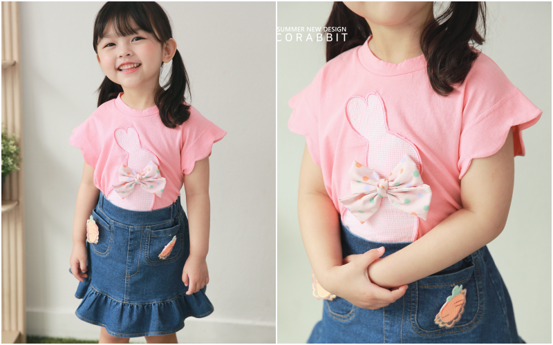 韓國 Coco rabbit - 花瓣袖蝴蝶結裝飾兔兔上衣-粉紅