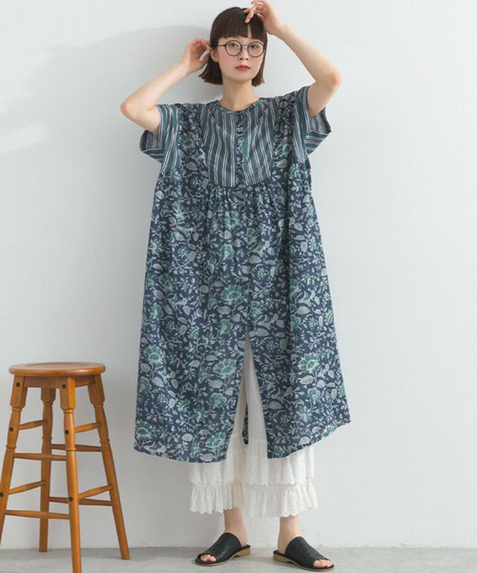 日本 Lupilien - 前後2way 自然風花卉印度棉輕盈洋裝-海軍藍