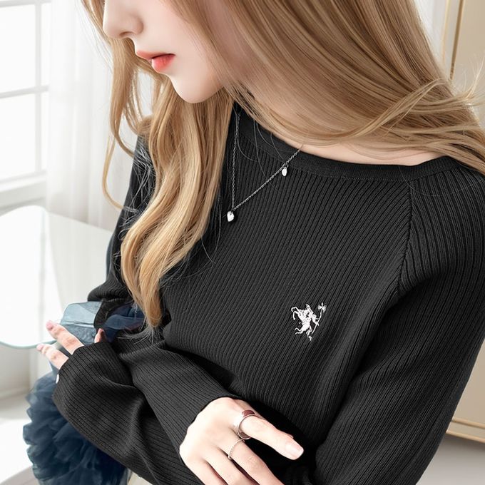 日本 Classical Elf - [必收]logo刺繡羅紋百搭長袖上衣-象牙白