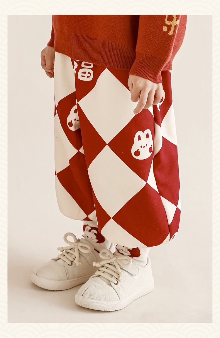 TONGMO - (加絨)喜氣腰鬆緊束口長褲-菱紋福氣兔兔-紅+杏
