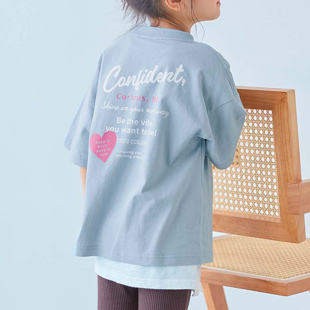 100%棉 可愛女孩寬版短袖上衣-背後愛心標語-灰藍