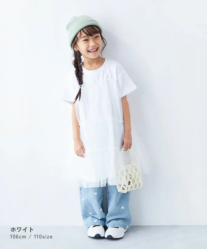 日本 devirock - 柔軟薄紗拼接甜美短袖洋裝-白