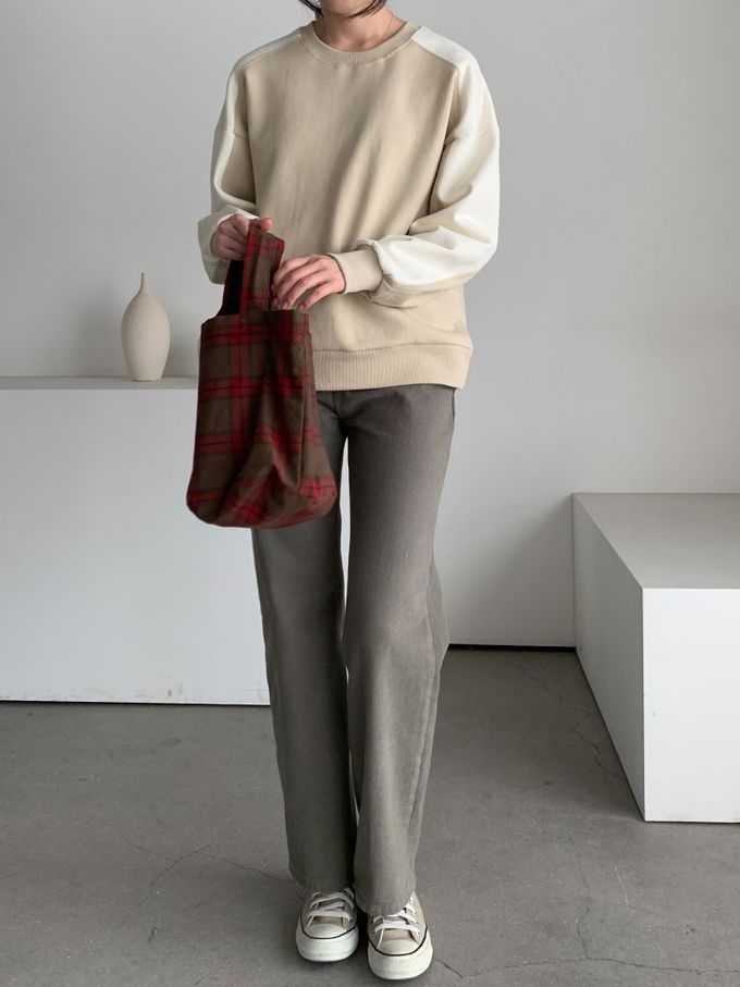 韓國女裝連線 - 撞色設計內磨毛大學T-卡其X米白 (FREE)