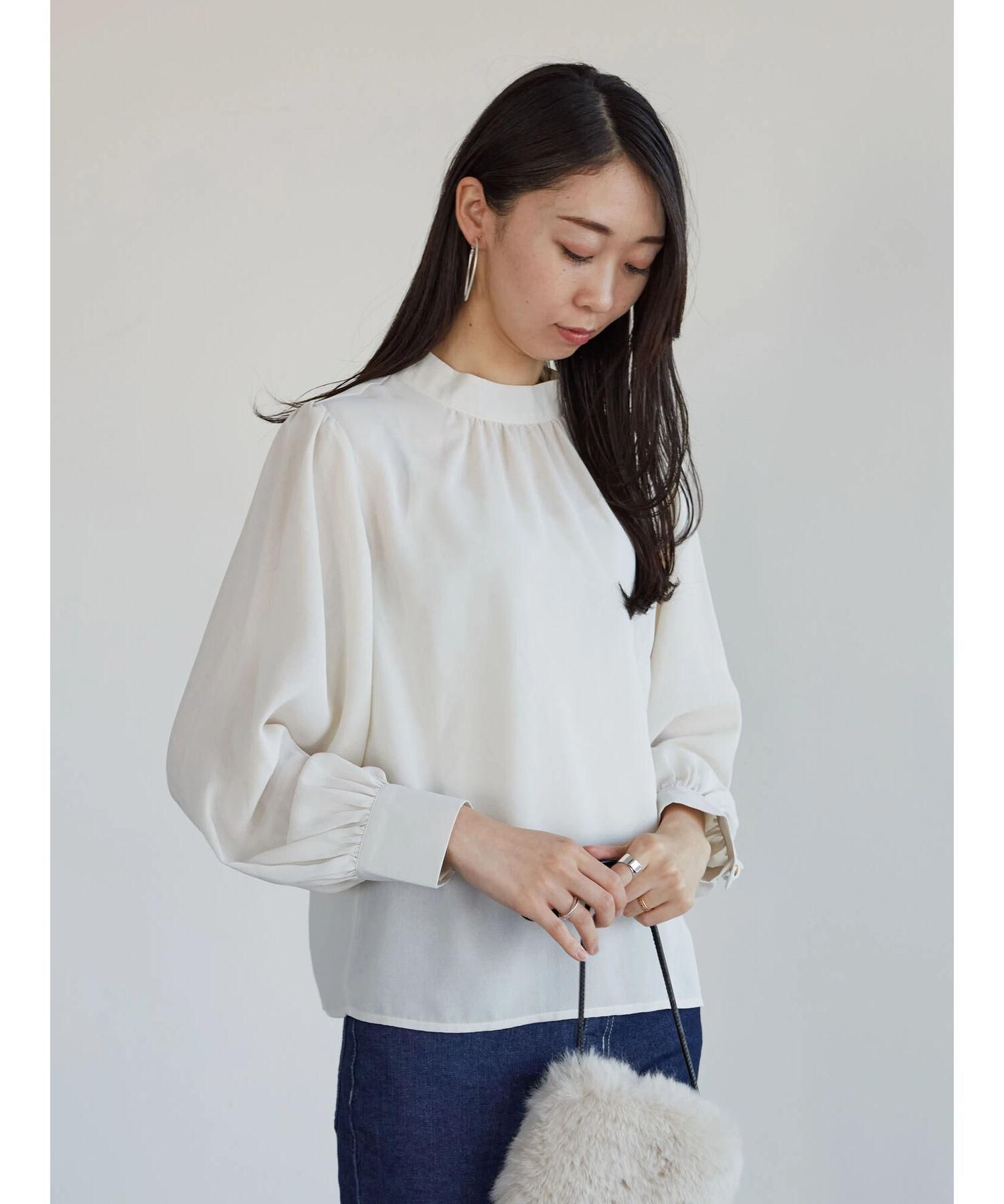 日本 ELENCARE DUE - 修身澎袖立領雪紡上衣-深咖啡