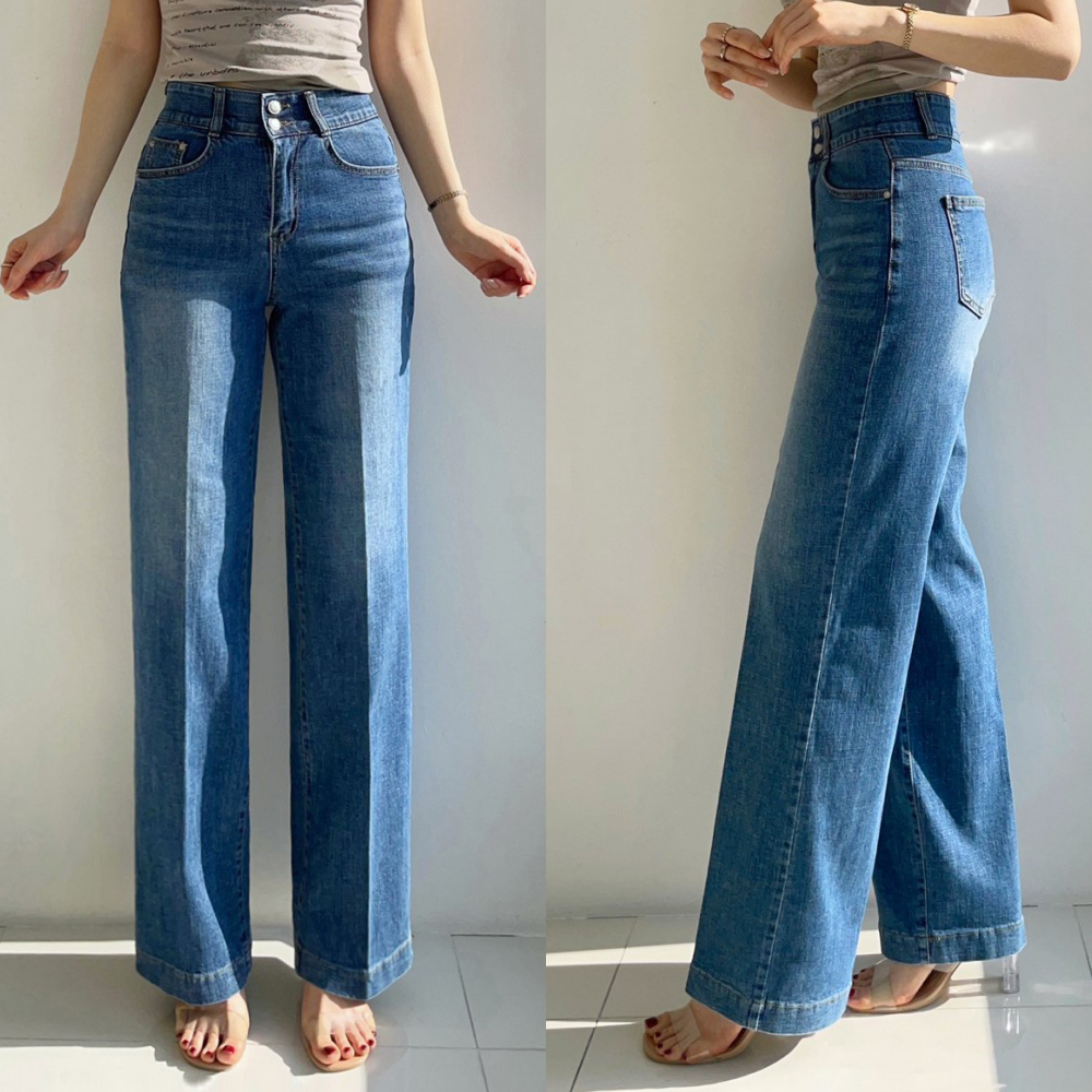 Howluk 雙釦彈性腰高級環紡丹寧直筒寬褲-深藍