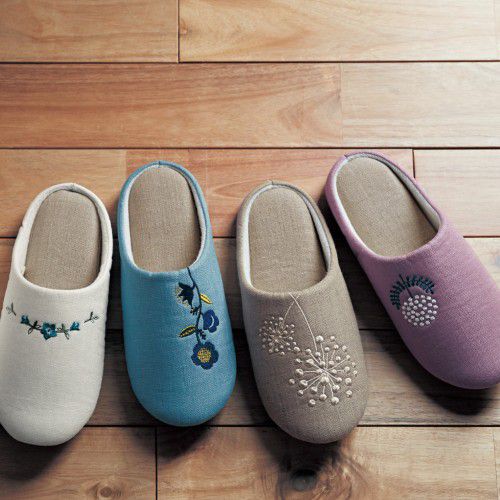 日本千趣會 - 北歐風 棉麻刺繡舒適室內拖-花-灰紫