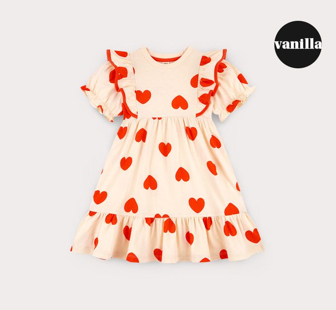 韓國 HEJMINI - 滿版愛心荷葉邊拼接洋裝-粉