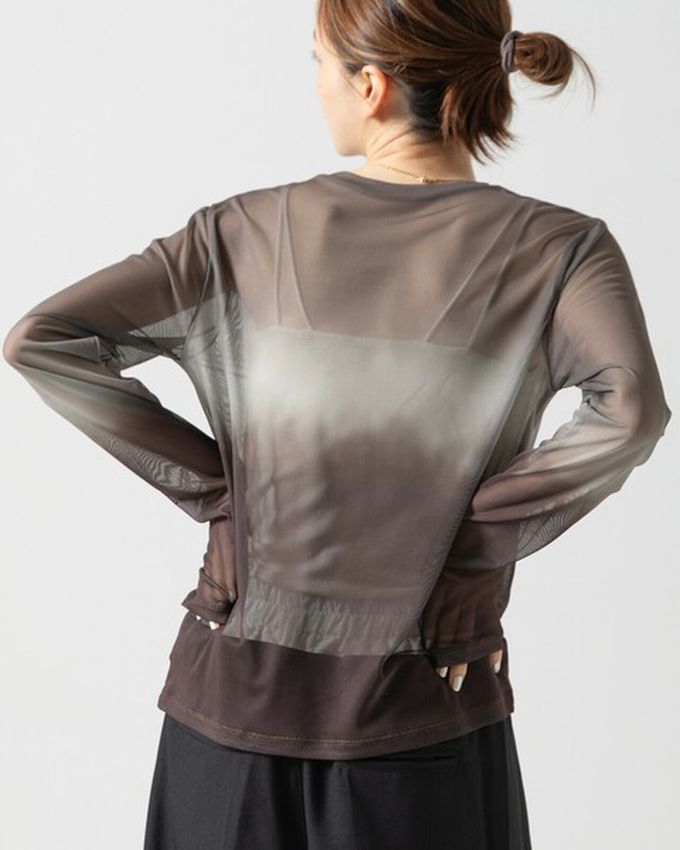日本 gleam - 唯美漸層透膚圓領長袖上衣-摩卡x灰