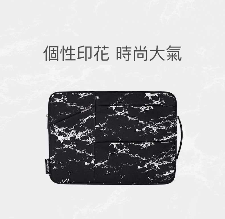 多口袋防潑水手提式電腦包-大理石花紋-黑色
