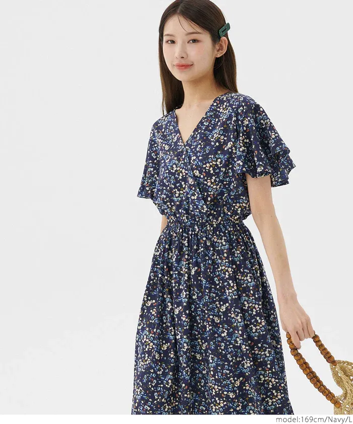 日本 COCA - 藍色的夢V領碎花洋裝-深藍