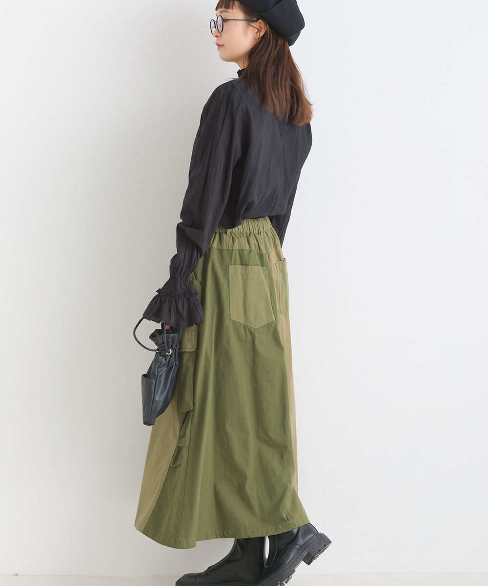 日本女裝代購 - 休閒風口袋拼接百搭長裙-軍綠