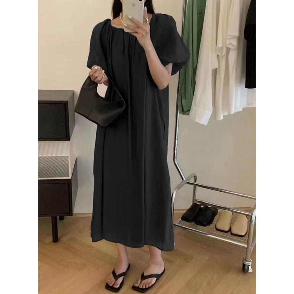 柔美寬鬆皺褶氣球袖洋裝(附綁帶)-黑 (F)