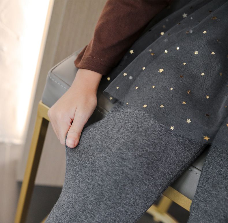 FANMOU - 加絨網紗亮片褲裙-星星月亮-灰色