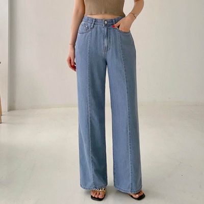 韓國女裝連線 - 彈性腰輕透萊賽爾纖維丹寧寬褲-中青