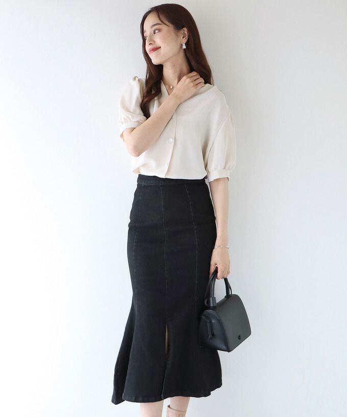 日本 BLUE EAST - 質感丹寧修身魚尾裙-深藍