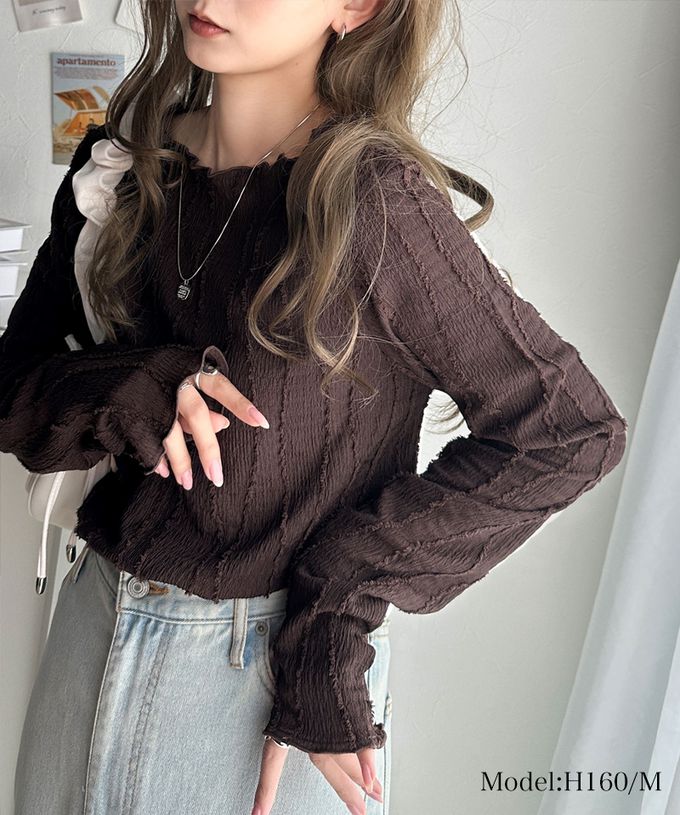 日本 Classical Elf - 奢華羽毛感緹花長袖上衣-可可