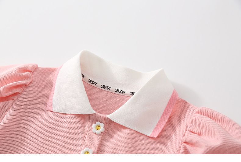 卡通SNOOPY翻領收腰網紗短袖連身裙-Belle愛心-藍色