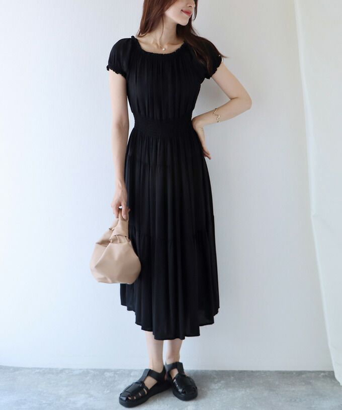 日本 BLUE EAST - 絕美平口縮腰泡泡袖洋裝-碎花-藍