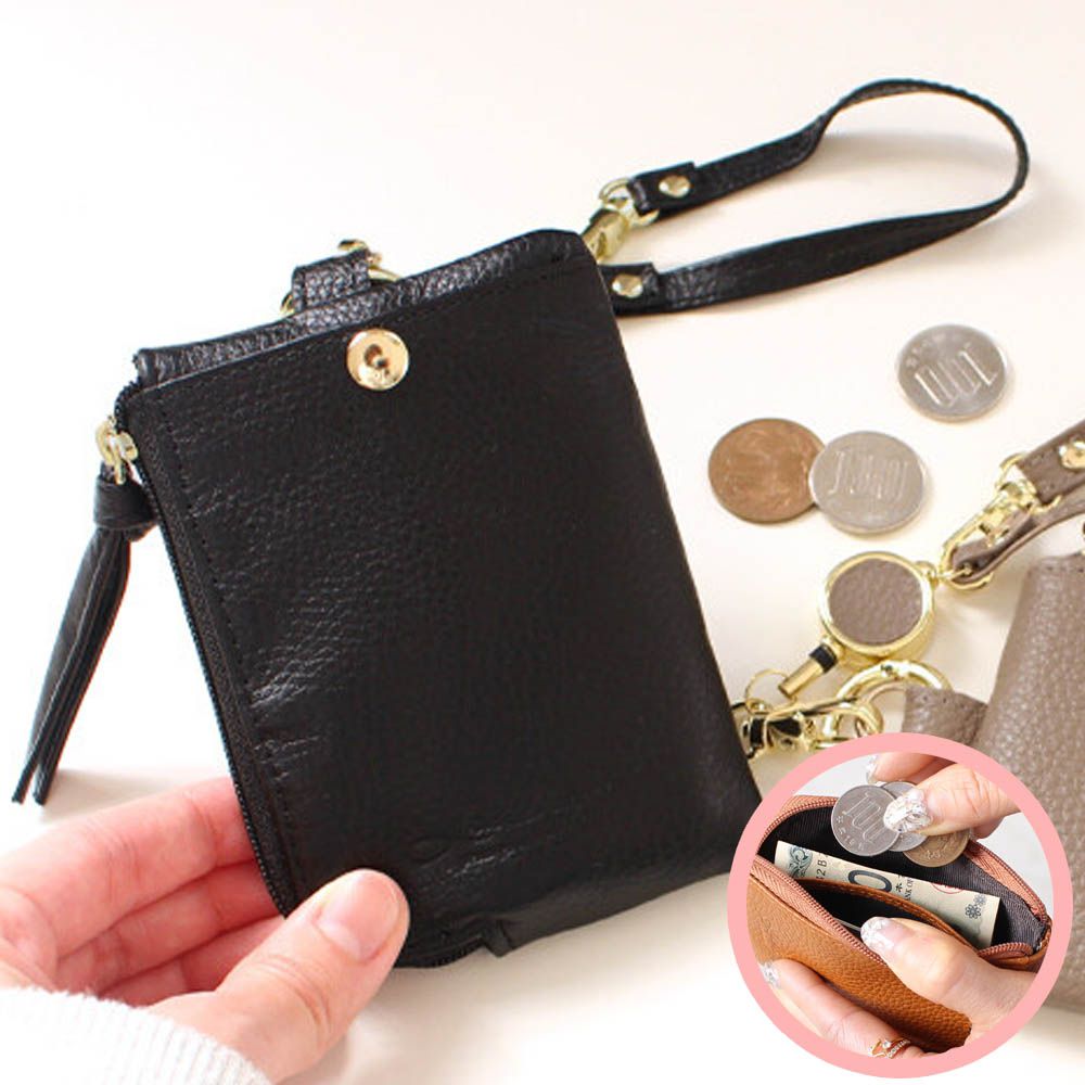 小巧真皮伸縮卡夾/零錢鑰匙包-黑 (11.5x8cm)