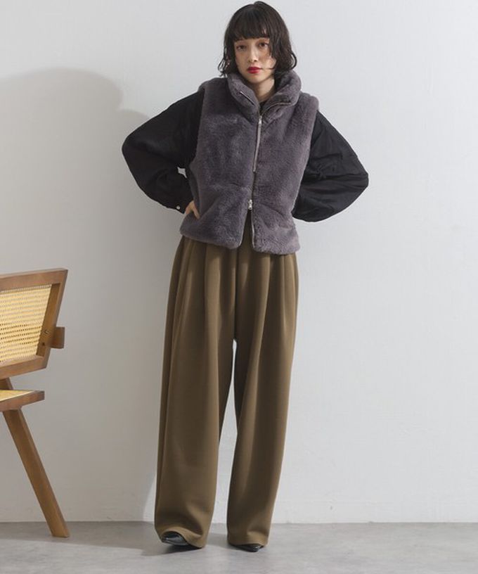 日本 ELENCARE DUE - 柔軟蓬鬆仿毛立領雙拉鍊背心-炭灰