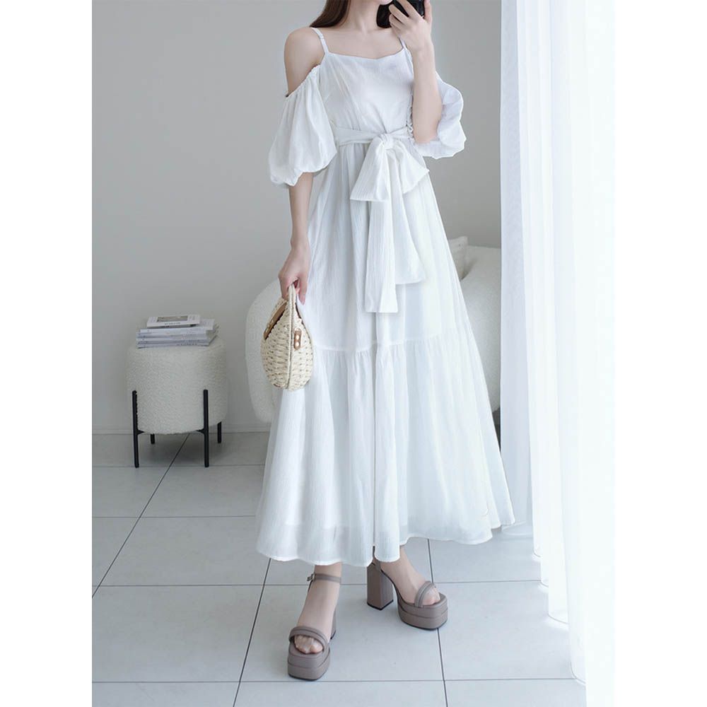 甜美紋理綁帶露肩燈籠袖洋裝-氣質米 (F)