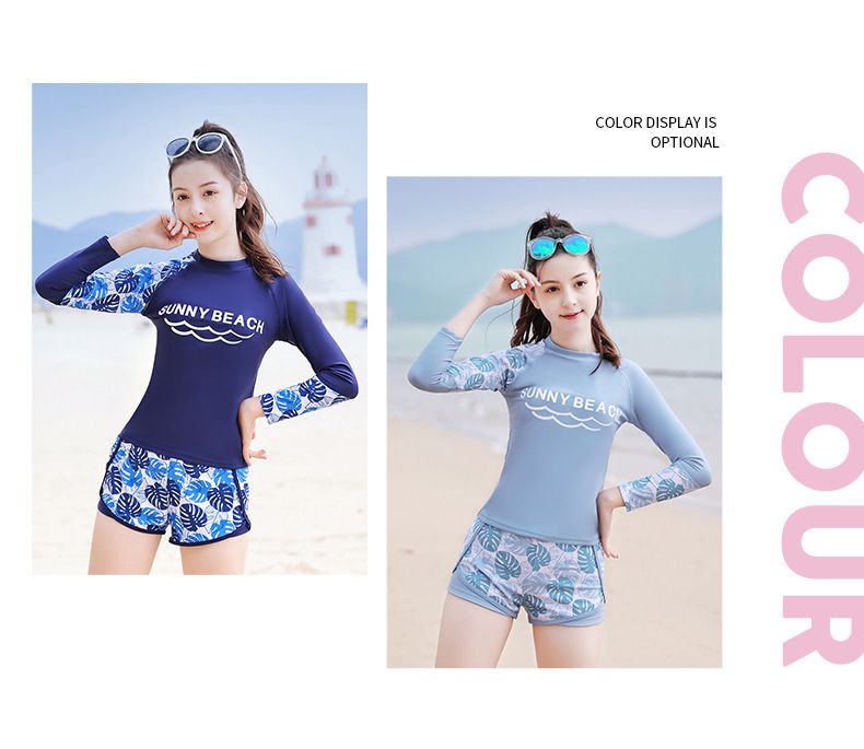 大童女孩運動風長袖泳衣套裝(二件組)-熱帶樹葉-藍色-泳衣、泳褲