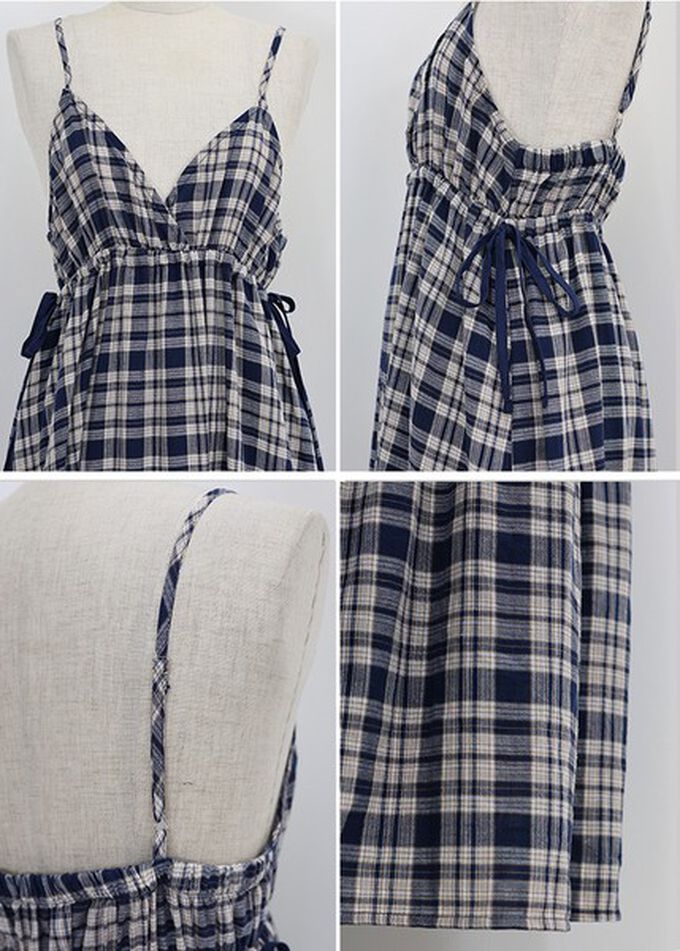 日本 BLUE EAST - 可愛格紋側蝴蝶結細肩帶洋裝-棕咖 (M)