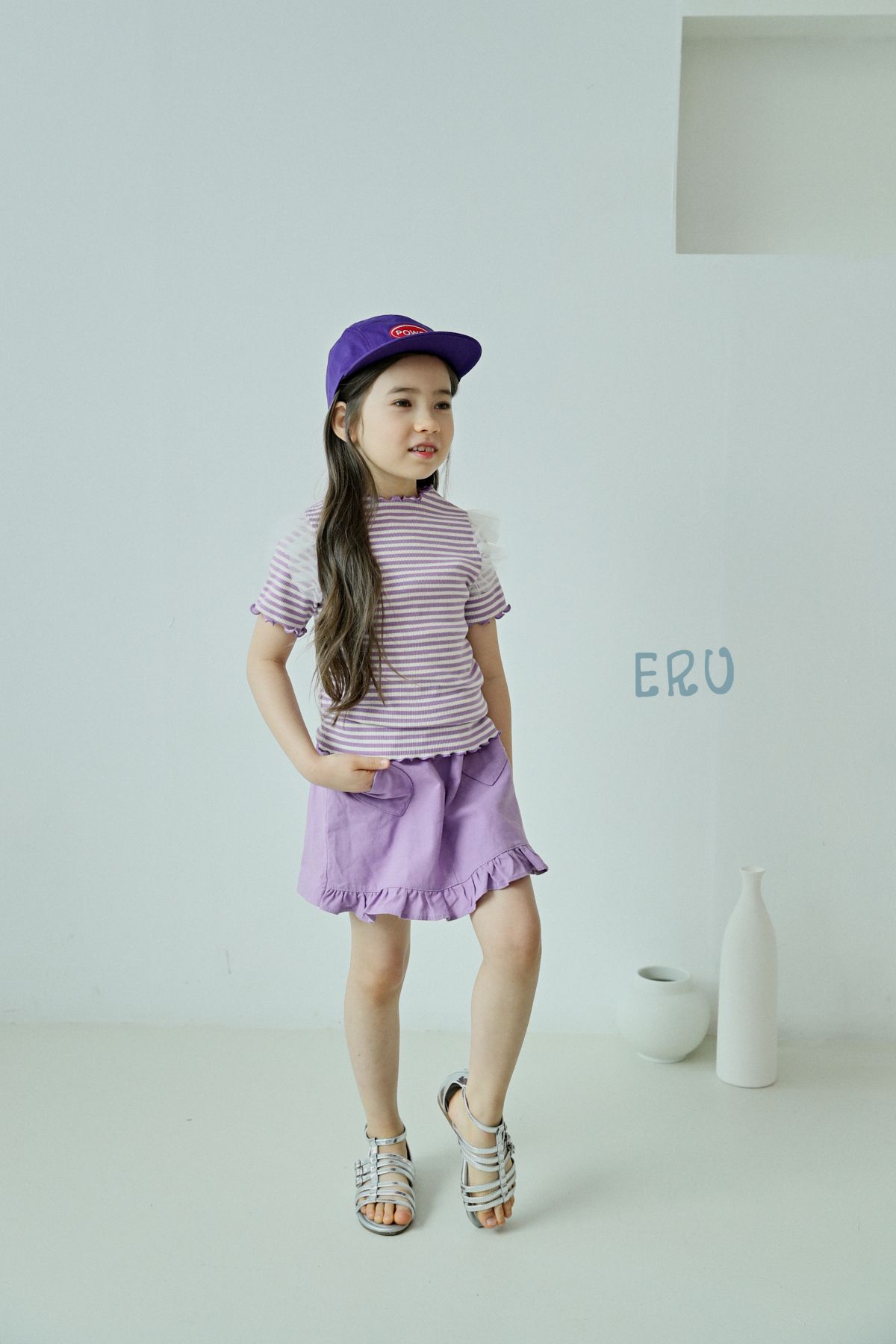 韓國 ERU - 網紗裝飾袖條紋T-青檸綠