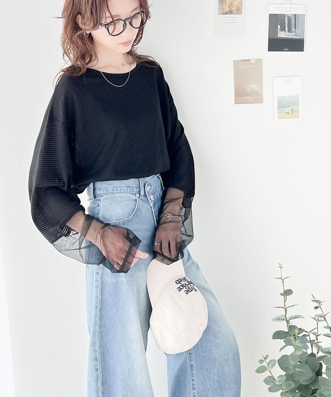 日本 Classical Elf - 寬鬆感薄紗拼接長袖上衣-指孔設計-炭灰